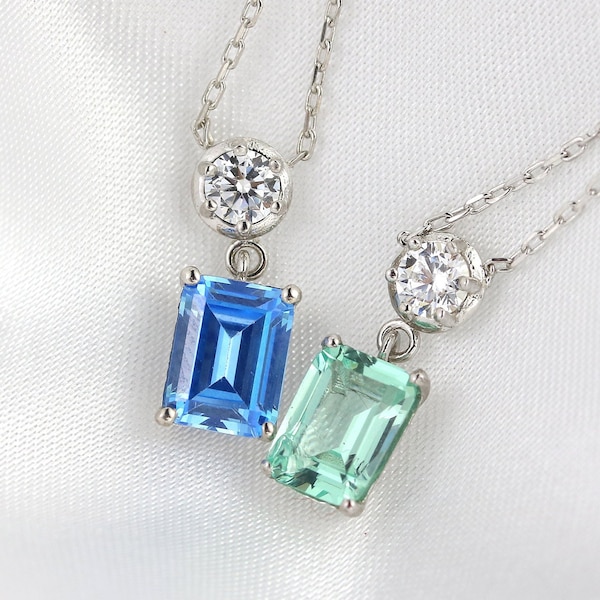 Sterling Silver Gemstone necklace,  Sparkly drop necklace, Emerald cut necklace, bridal party gift, wedding necklace, color gem necklace