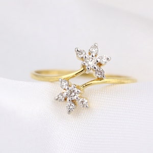 14kt Yellow Gold and Diamond flower ring, dainty diamond flower ring, push present, diamond cluster ring, open flower ring, gifts for her image 1