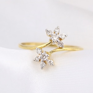 14kt Yellow Gold and Diamond flower ring, dainty diamond flower ring, push present, diamond cluster ring, open flower ring, gifts for her image 1