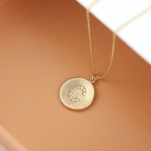 14kt Solid Gold and Diamond Initial pendant, Disc necklace with diamond initial, personalized push present, matte gold letter necklace