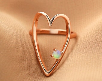 Sterling Silver Open heart ring - Rose gold heart ring - large heart ring - opal heart ring - unique heart ring - unique silver ring - gifts