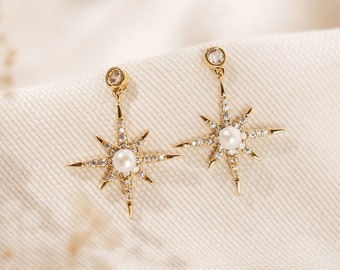 Sterling Silver / Gold plated Starburst drop earring | Fancy dangle earrings | party earrings | bridal earrings | pearl star earring