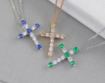 18kt Diamond Cross | Rose Gold cross | Emerald cross | Blue sapphire cross | dainty unique diamond cross | white gold cross | baptism gift