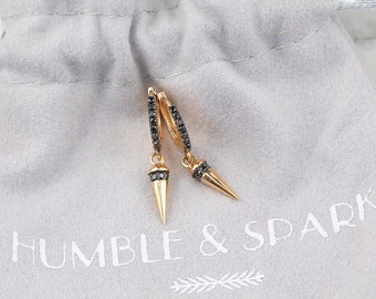 14kt Pink Gold & Black Diamond dagger earrings | Huggie with charm | Edgy earrings | Black diamond earrings | huggie earrings with charm