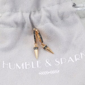14kt Pink Gold & Black Diamond dagger earrings | Huggie with charm | Edgy earrings | Black diamond earrings | huggie earrings with charm