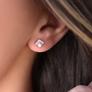 Sterling Pearl cluster studs, rose gold and pearl studs, bridesmaids gift, dainty pearl earrings, bridal party gift, unique pearl studs