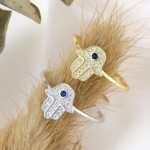 Sterling Silver / Gold plated Hamsa ring | CZ blue sapphire hamsa ring | hand of god ring | fatima ring | dainty hamsa rings