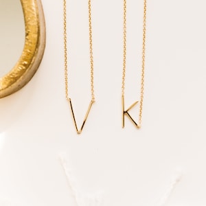 Sterling Silver / Gold Plated Silver sideways initial necklace | everyday letter necklace | silver sideways initial push present