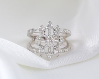 14kt White gold & diamond ring | Marquise diamond ring | marquise diamond cluster, Right hand ring | Unique diamond ring | wide diamond ring