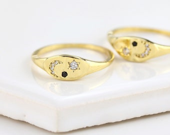 Gold plated Brass moon and star ring | Cluster moon and star ring | celestial jewelry | signet ring with moon and star | dainty gold rings