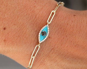 Solid 14kt Yellow Gold Evil eye bracelet | Diamond eye bracelet | paperclip chain eye bracelet | Unique evil eye, good luck gift
