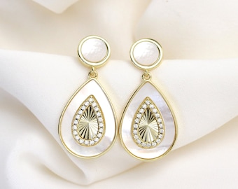 Gold and Mother of Pearl Drop earrings - everyday dangle earrings - dainty bridal earrings - wedding jewelry - lightweight drop earrings