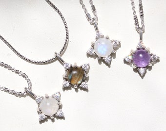 Sterling Silver Gemstone starburst pendant - unique starburst pendant - moonstone starburst - amethyst pendant - labradorite star