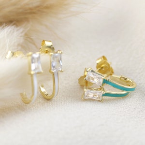 14kt Gold Plated Sterling Silver Enamel and Baguette Cubic Zirconia half hoop earring | J hoop earrings | Enamel earring | Baguette studs