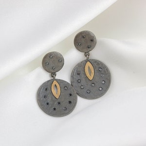 18kt Gold & Oxidized Silver Disc earrings | black diamond earrings | Edgy earrings | Unique Black disc earring | double disc earring |