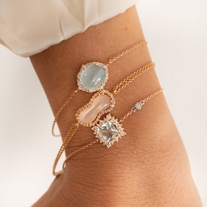 18kt Rose Gold, Diamond and Aquamarine bracelet, cabochon aqua bracelet, one of a kind bracelets, rose gold bracelet stack, push present image 1