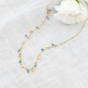 Solid 14kt Gold & Turqouise charm necklace | dangle charm necklace | hanging disc charm necklace | Dainty turquoise and gold necklace |
