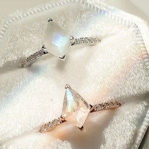 Sterling Silver moonstone ring - kite shaped moonstone ring - unique moonstone ring - rose gold and moonstone - rainbow moonstone ring