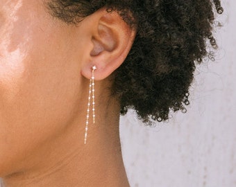 Gold long earrings - Dainty long chain earrings - thin long earrings for her - front back earrings - lightweight earrings - enamel earrings