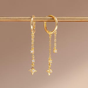 Gold huggie with chain drop earring - minimalist sterling silver earring - star dangle hoop