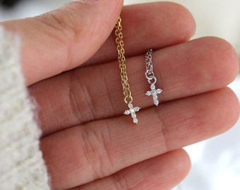 Sterling / Gold tiny Cubic zirconia cross pendant, very small cross necklace, dainty cross pendant for her, tiny cross necklace for her