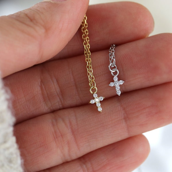 Sterling / Gold tiny Cubic zirconia cross pendant, very small cross necklace, dainty cross pendant for her, tiny cross necklace for her