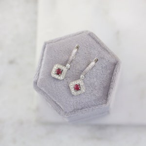 18kt White Gold Diamond and Ruby hanging earring Ruby and diamond earrings Dainty ruby earrings July birthstone white gold and ruby image 2