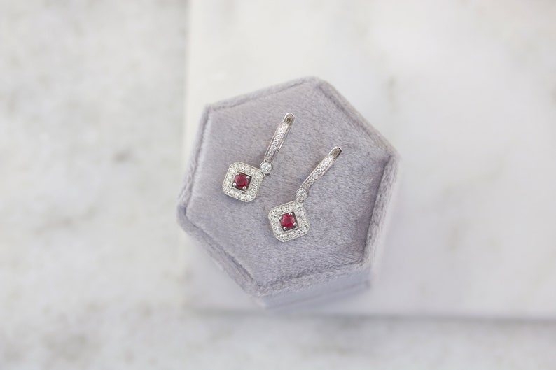 18kt White Gold Diamond and Ruby hanging earring Ruby and diamond earrings Dainty ruby earrings July birthstone white gold and ruby image 2