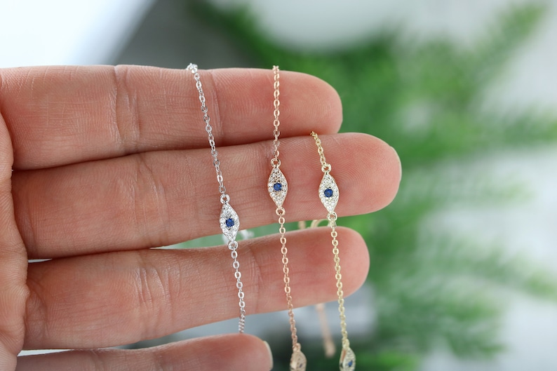 available in 3 colors Dainty evil eye bracelet Cubic Zirconia evil eye bracelet Eye shaped eye Sterling Silver Evil eye bracelet