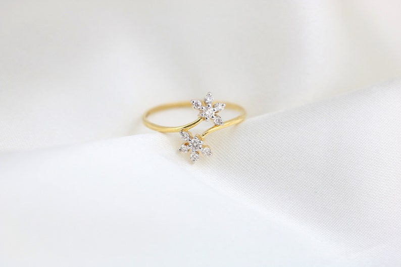 14kt Yellow Gold and Diamond flower ring, dainty diamond flower ring, push present, diamond cluster ring, open flower ring, gifts for her image 5