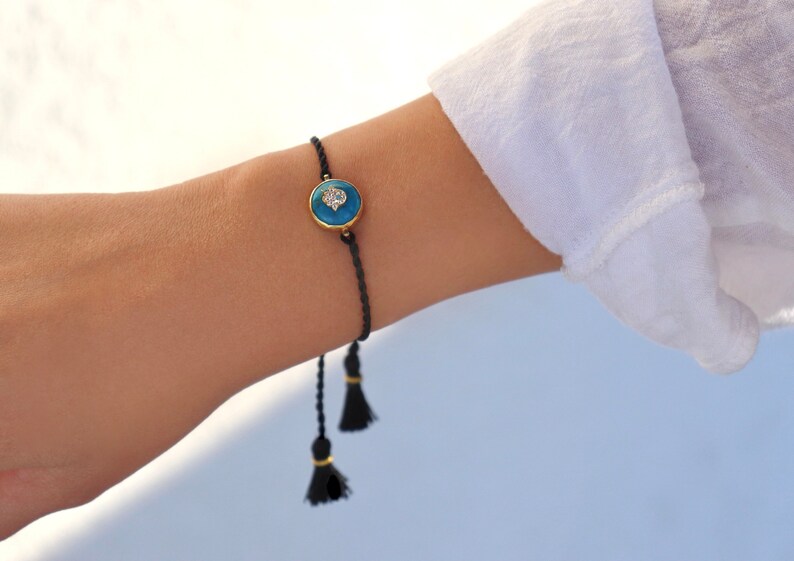 Turquoise evil eye cord bracelet, adjustable cord bracelet, evil eye on cord, turquoise evil eye, tiny wrist bracelet, good luck gift, gifts image 8