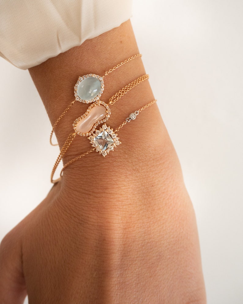 18kt Rose Gold, Diamond and Aquamarine bracelet, cabochon aqua bracelet, one of a kind bracelets, rose gold bracelet stack, push present image 1