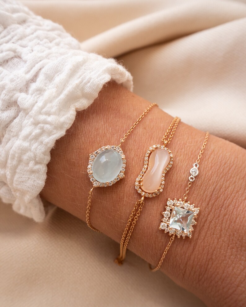 18kt Rose Gold, Diamond and Aquamarine bracelet, cabochon aqua bracelet, one of a kind bracelets, rose gold bracelet stack, push present image 5
