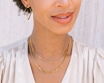 Gold dainty long snake chain - Triple layer snake chain - double layer herringbone necklace - long wrap necklace - tarnish free jewelry