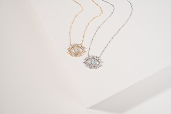 Sterling Silver Eye Necklace With Opal and Cubic Zirconia Unique