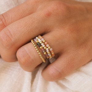 Gold Stretchy bead rings, Pearl ring band, dainty bead ring, gold bead ring, stackable bead ring, eternity bead ring, black and gold rings