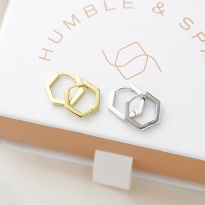 Sterling Silver Hexagon hoops - gold hexagon huggies - geometric huggies - gifts for her - everyday earrings - unique huggies - plain huggie