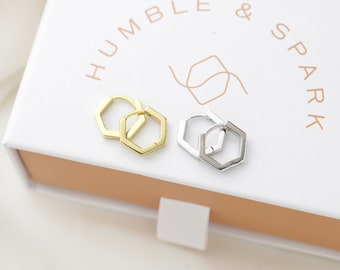 Sterling Silver Hexagon hoops - gold hexagon huggies - geometric huggies - gifts for her - everyday earrings - unique huggies - plain huggie