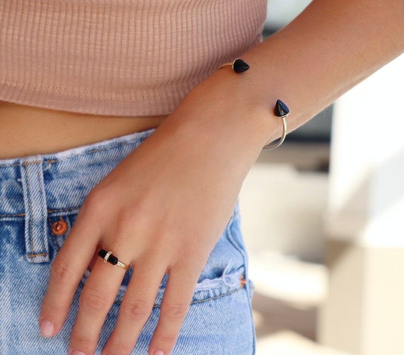 Gemstone bangle Open cuff bangle Pink quartz slip on bangle 18kt Gold Plated Sterling Silver cuff bangle Black onyx cuff bangle
