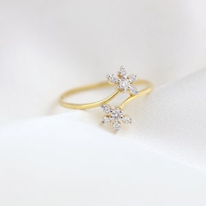 14kt Yellow Gold and Diamond flower ring, dainty diamond flower ring, push present, diamond cluster ring, open flower ring, gifts for her image 4