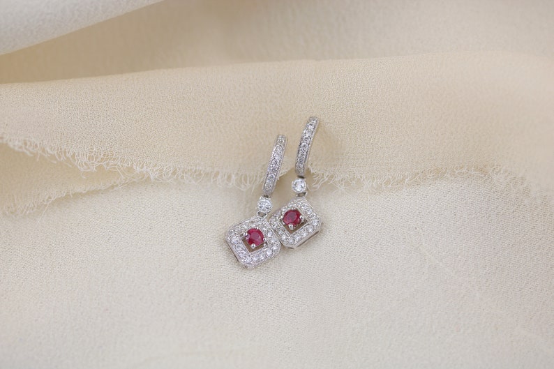 18kt White Gold Diamond and Ruby hanging earring Ruby and diamond earrings Dainty ruby earrings July birthstone white gold and ruby image 6