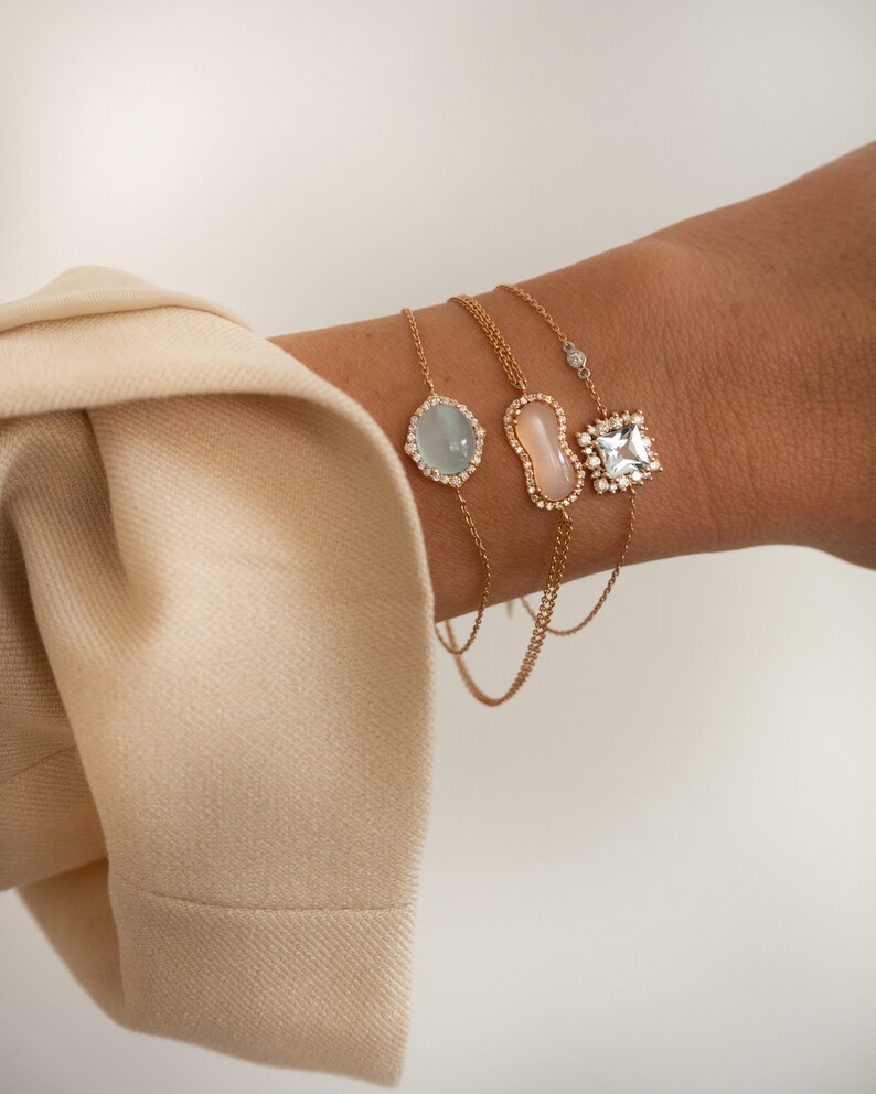18kt Rose Gold, Diamond and Aquamarine bracelet, cabochon aqua bracelet, one of a kind bracelets, rose gold bracelet stack, push present image 6