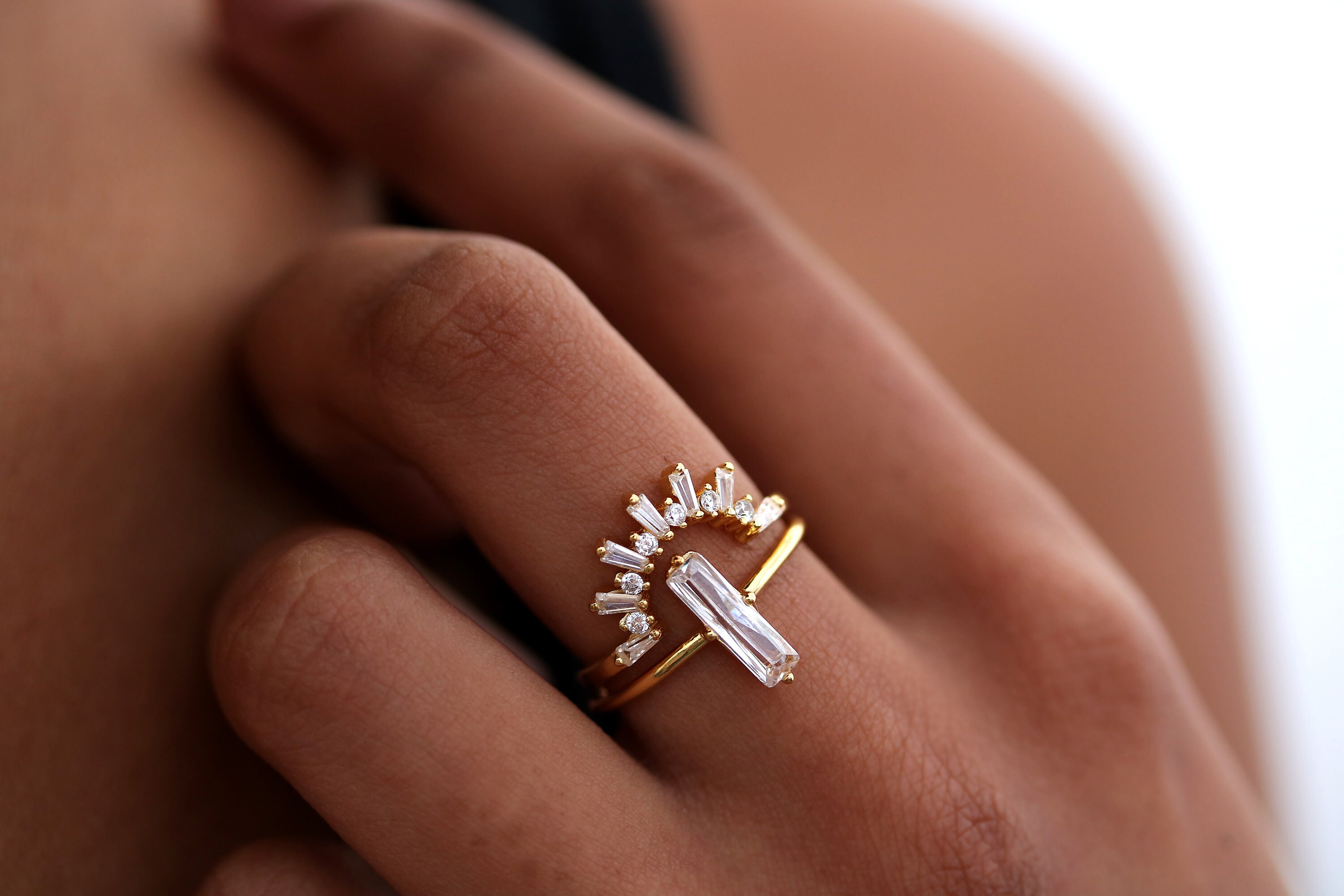 Sterling Silver / Yellow Gold Baguette Curved Band, Sun Ring