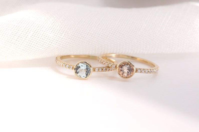 CUSTOMIZABLE 14kt Gold and diamond gemstone ring push present morganite ring aqua ring diamond birthstone ring dainty real rings image 2