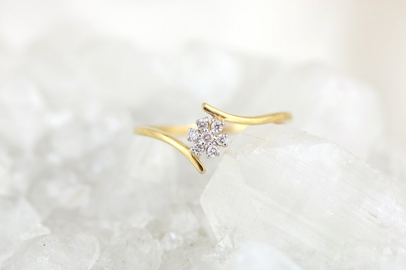 14kt Gold and Diamond flower ring, dainty diamond flower ring, dainty gold diamond ring, cluster flower ring, anniversary ring gifts for her image 4