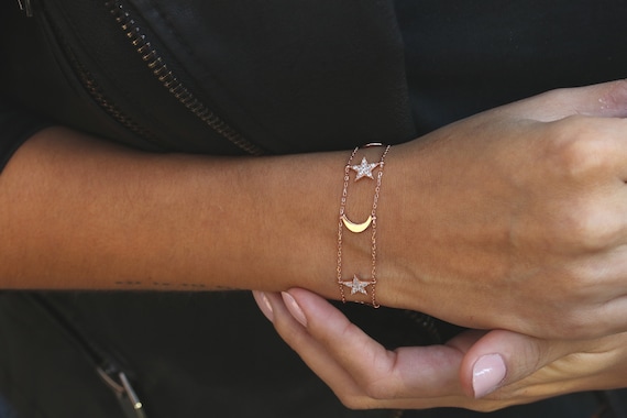 Moon and Stars Charm Bracelets Set of Two Sterling Silver Moon and Stars Charm Bracelets Set of Two Sterling Silver
