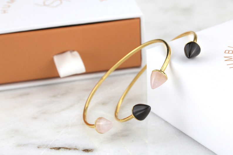 Gemstone bangle Open cuff bangle Pink quartz slip on bangle 18kt Gold Plated Sterling Silver cuff bangle Black onyx cuff bangle