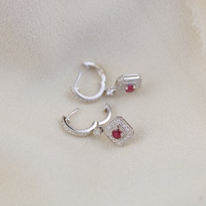 18kt White Gold Diamond and Ruby hanging earring Ruby and diamond earrings Dainty ruby earrings July birthstone white gold and ruby image 7