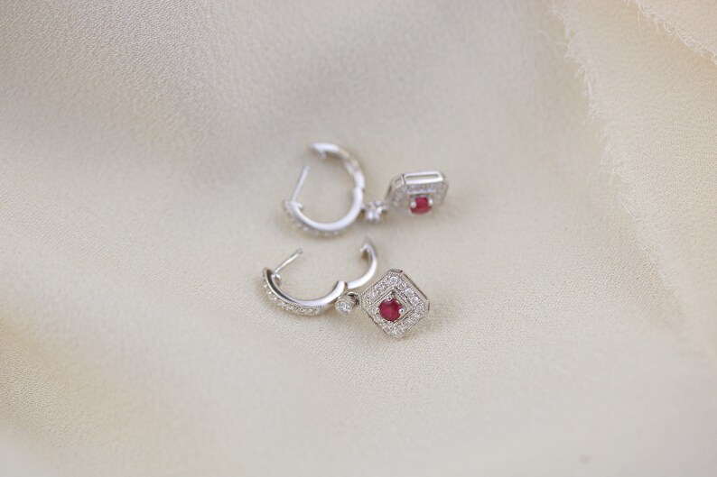 18kt White Gold Diamond and Ruby hanging earring Ruby and diamond earrings Dainty ruby earrings July birthstone white gold and ruby image 7