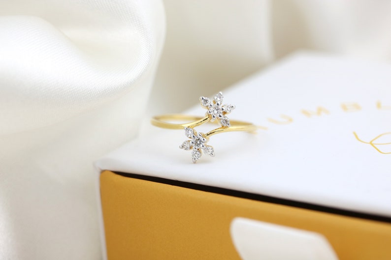 14kt Yellow Gold and Diamond flower ring, dainty diamond flower ring, push present, diamond cluster ring, open flower ring, gifts for her image 6